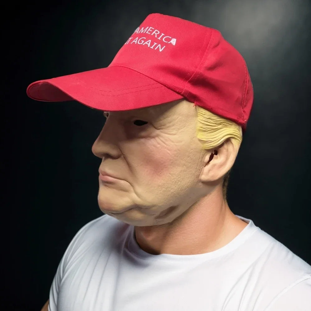 Trump Mask With Hat Celebrity Spoof Mask Embroidered MAGA Support Hat Rave Party Cosplay Realistic Donald Trump Mask Prank Props