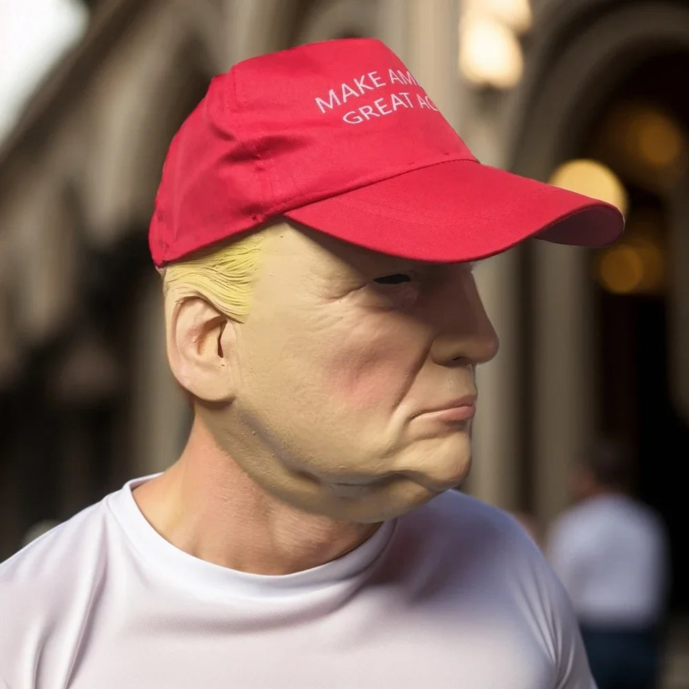 Trump Mask With Hat Celebrity Spoof Mask Embroidered MAGA Support Hat Rave Party Cosplay Realistic Donald Trump Mask Prank Props