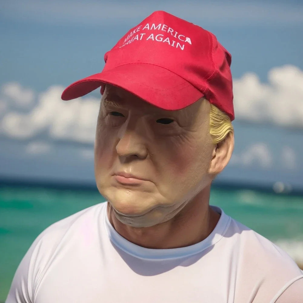 Trump Mask With Hat Celebrity Spoof Mask Embroidered MAGA Support Hat Rave Party Cosplay Realistic Donald Trump Mask Prank Props